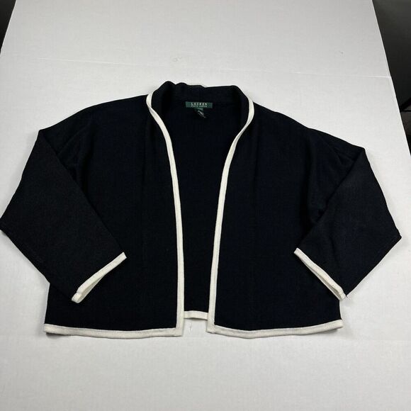 Lauren Ralph Lauren Short Cardigan Black Open Front Wrap Classic Sweater LARGE - Picture 1 of 10